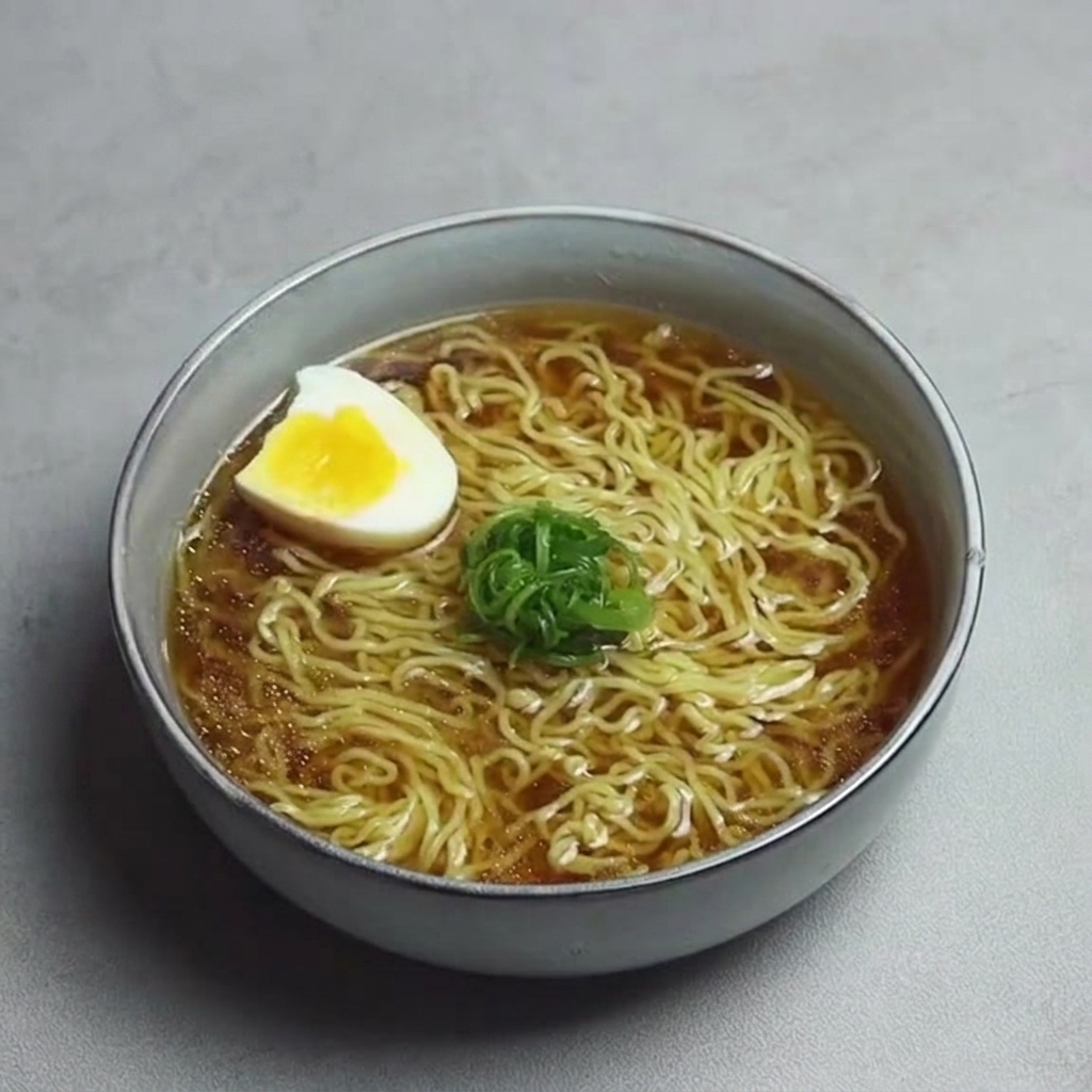 Uovo barzotto tagliato a metà sopra una ciotola di ramen guarnita con cipollotti.