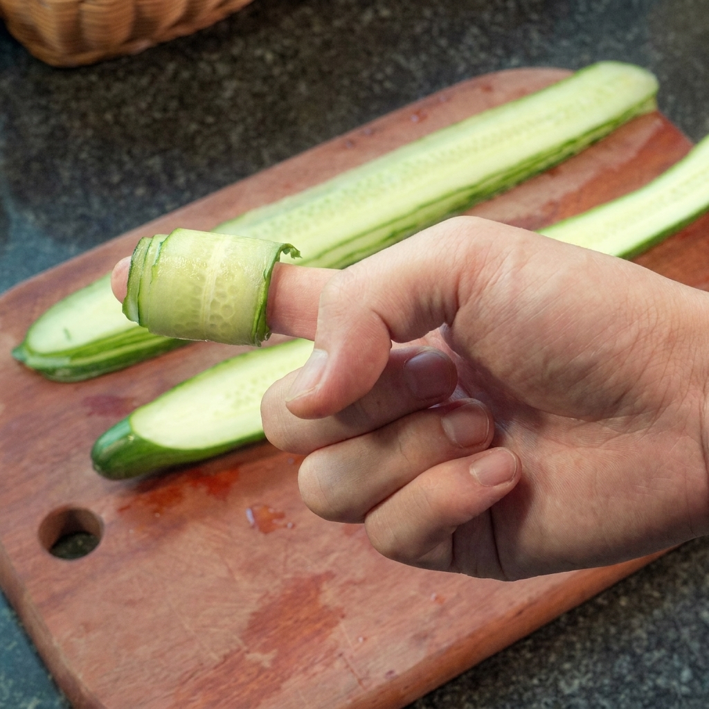 Mano che arrotola strisce sottili di cetriolo in spirali strette.