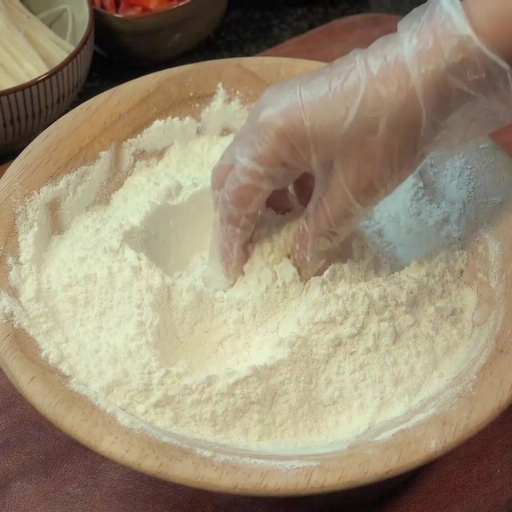 Alette di pollo ricoperte in un mix di farina e fecola in una grande ciotola.