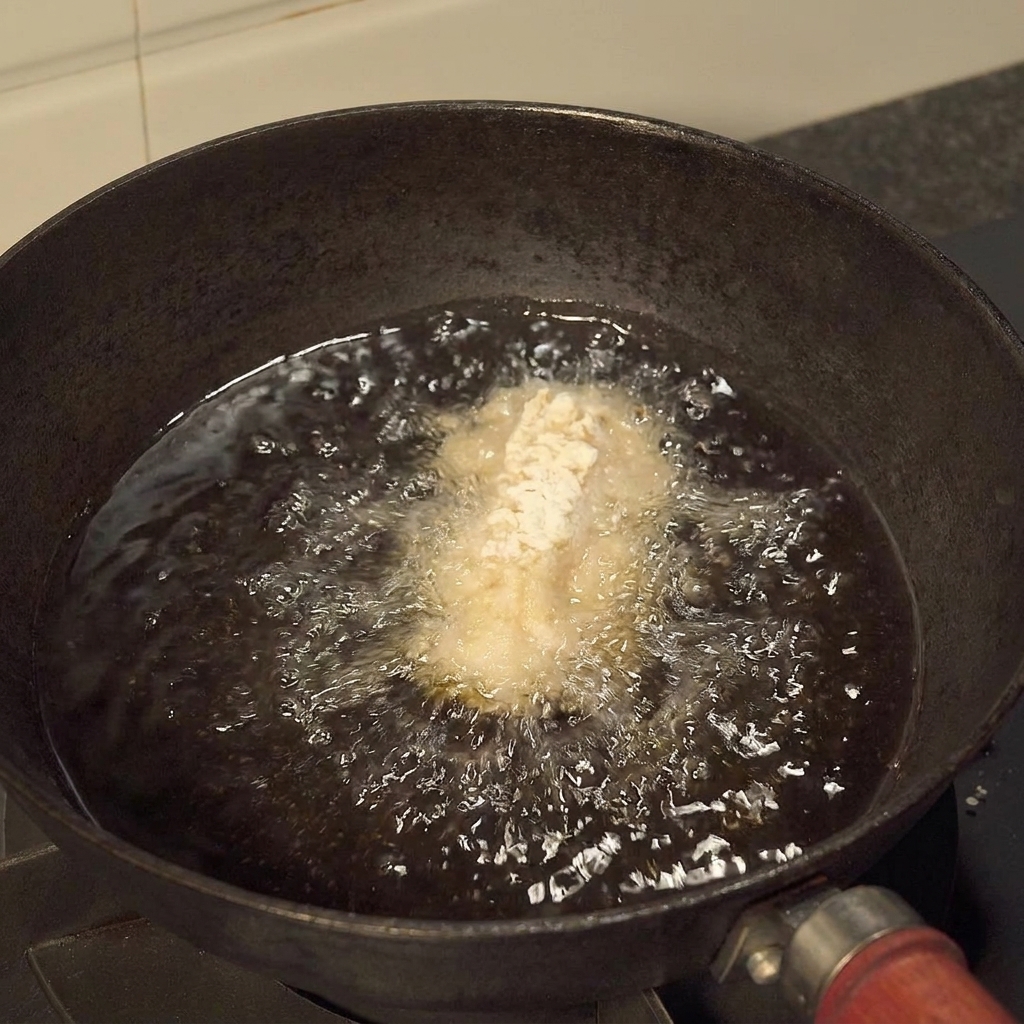Alette di pollo impanate che friggono in olio caldo in una padella.