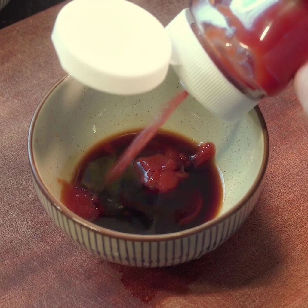 Ingredienti per la salsa, inclusi ketchup e salsa piccante, mescolati in una ciotola.