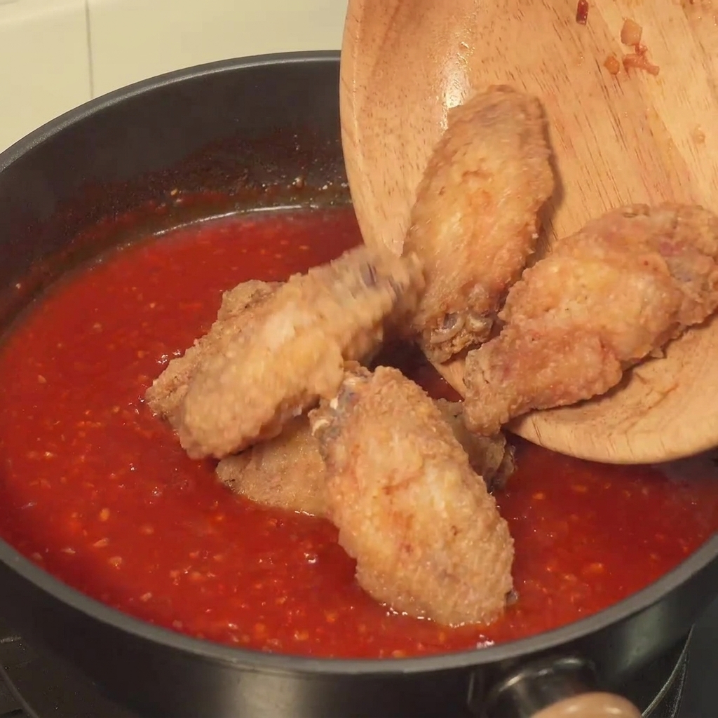 Alette di pollo fritte saltate nella salsa rossa densa in una padella antiaderente.