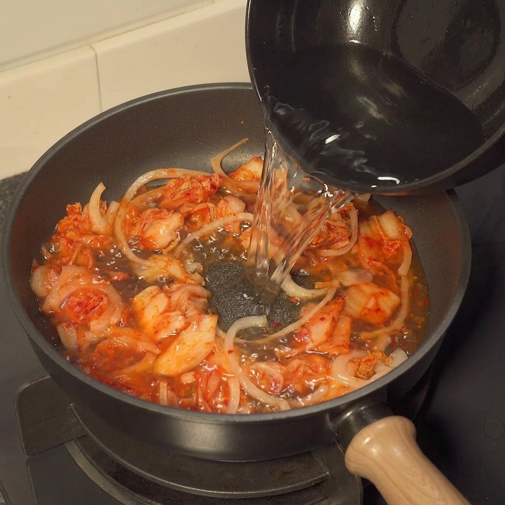 Acqua versata in padella con cipolla e kimchi, aggiunta di salsa e condimenti.