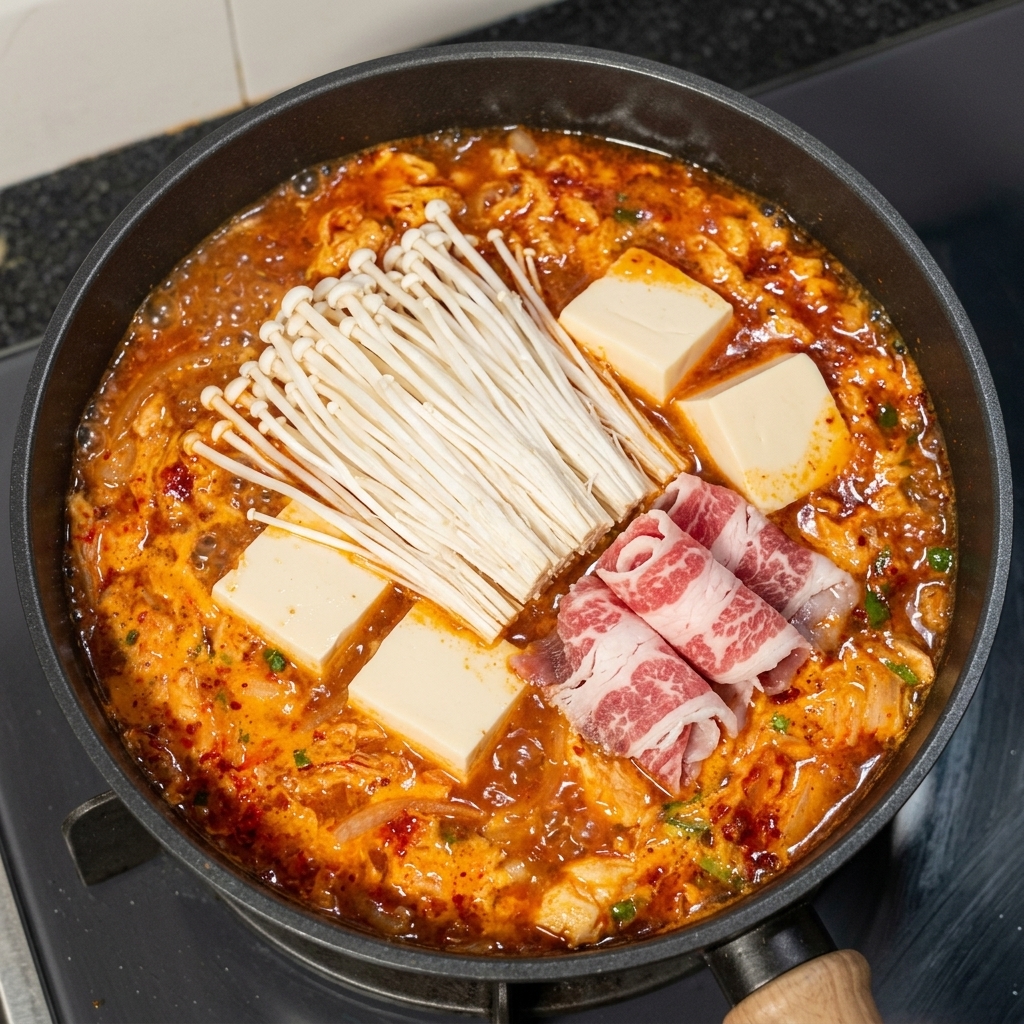 Funghi enoki, tofu morbido e manzo crudo disposti nel brodo rosso bollente.