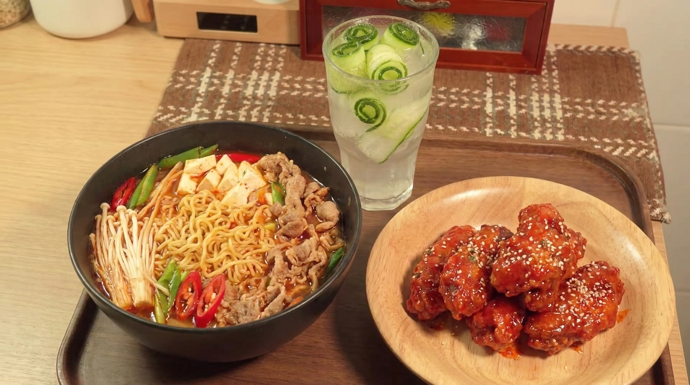 Festa Coreana: Ramen Piccante al Manzo e Pollo Fritto