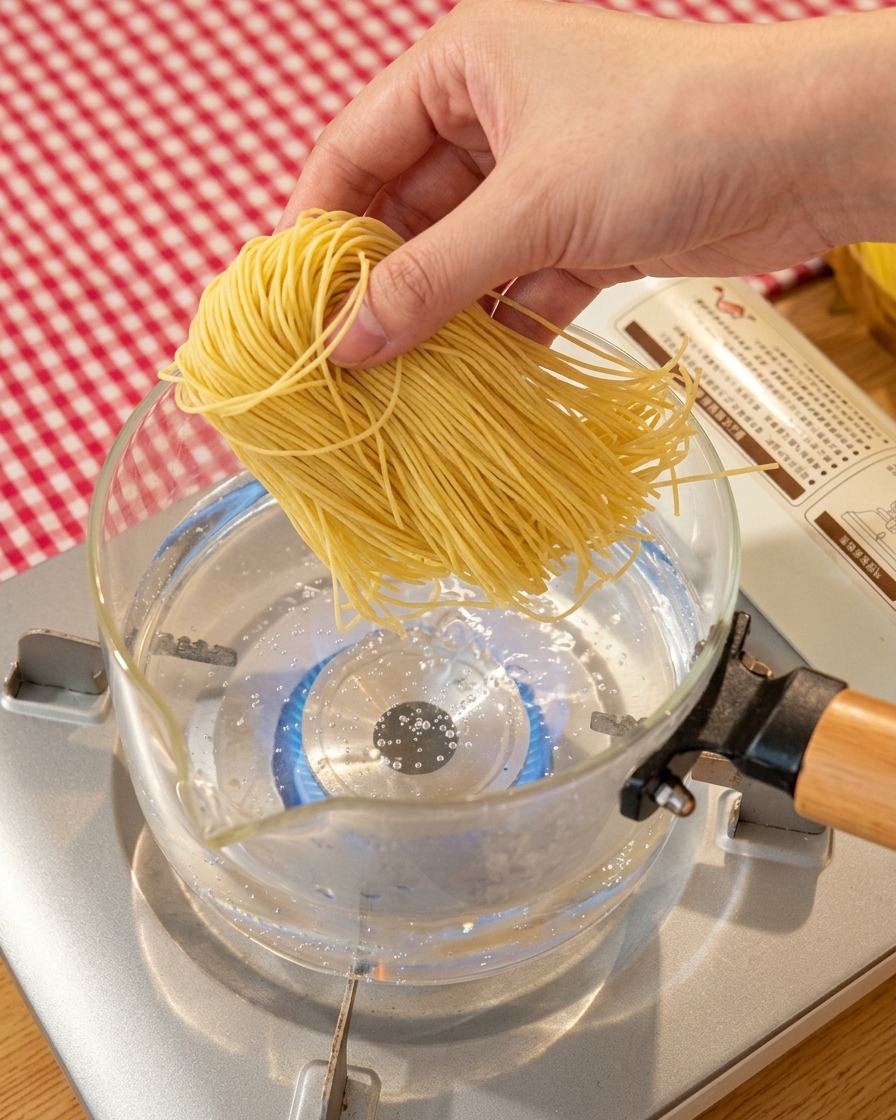 Noodle per ramen freschi che bollono in una pentola di vetro su un fornello portatile.