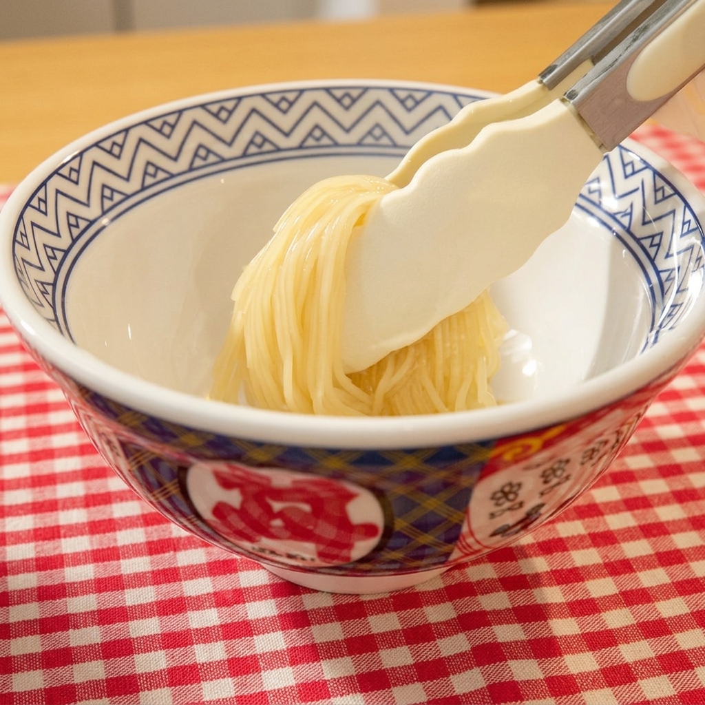 Noodle cotti trasferiti da una pentola a una ciotola in ceramica decorativa con le pinze.