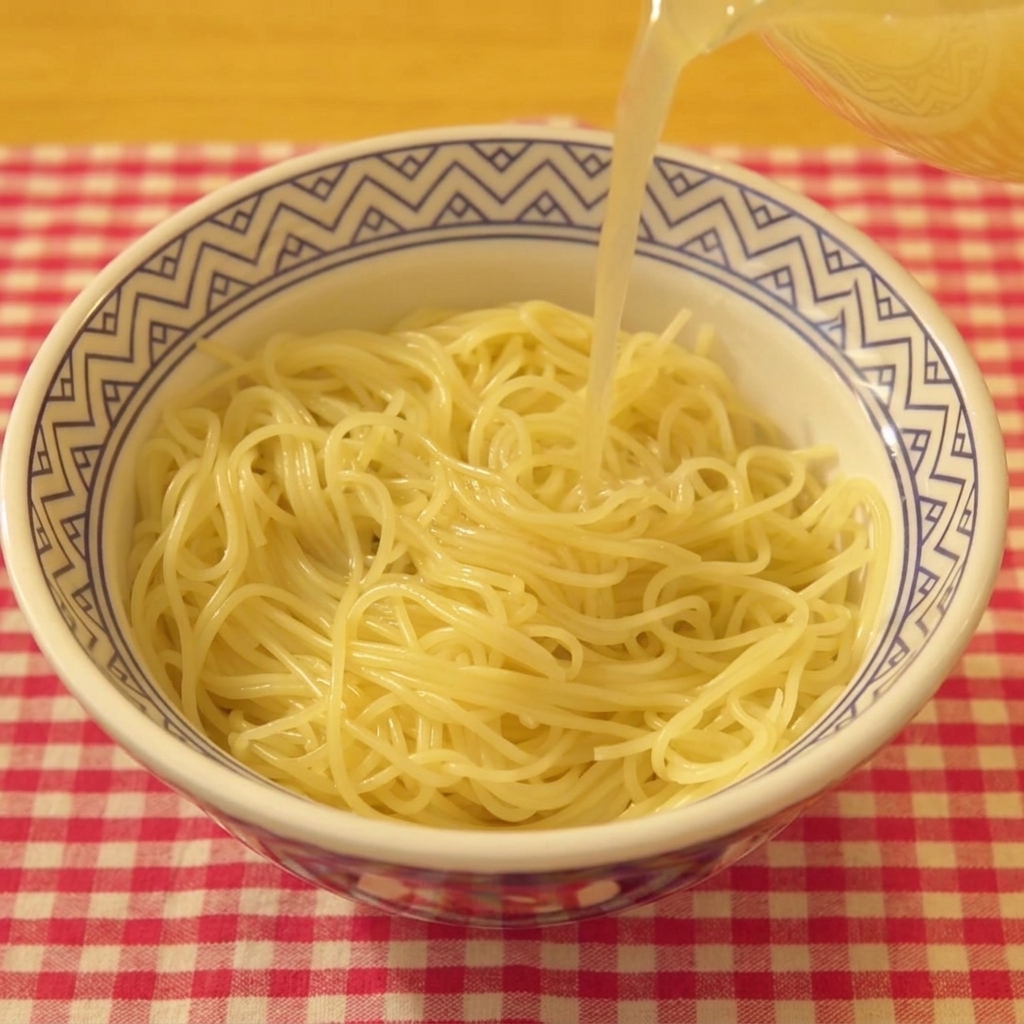 Primo piano di brodo chiaro e aromatico versato da una brocca in una ciotola piena di noodle.