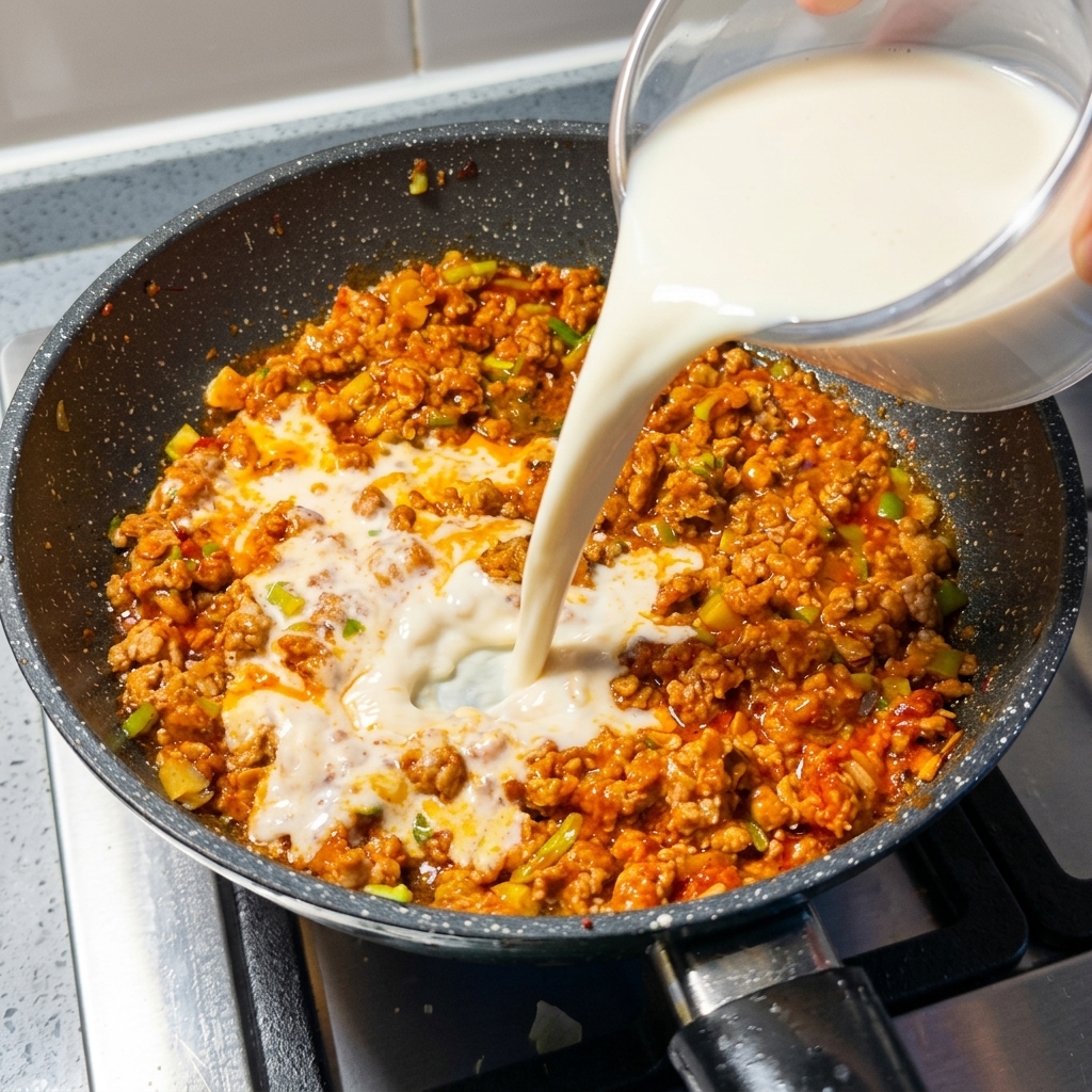 Latte di soia versato nella padella con la carne.