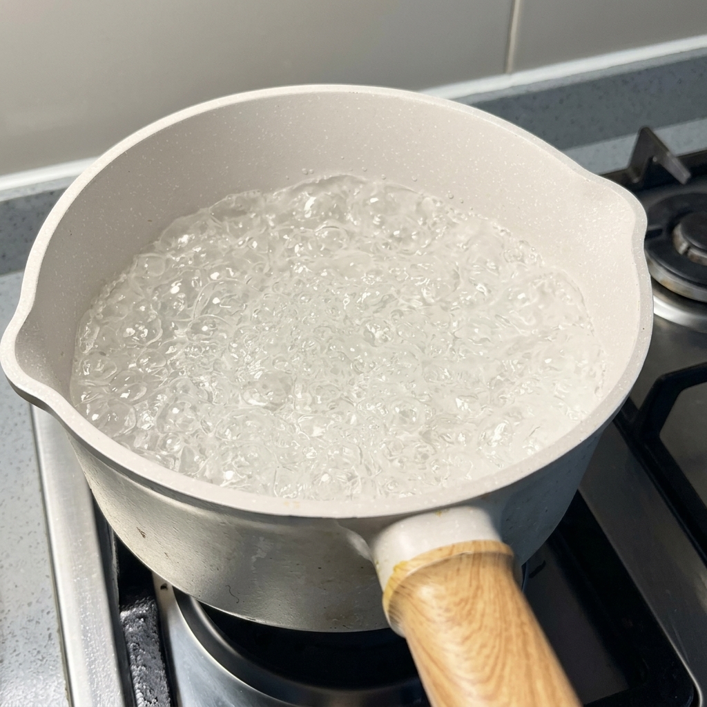 Pentola di acqua bollente con noodles in cottura.