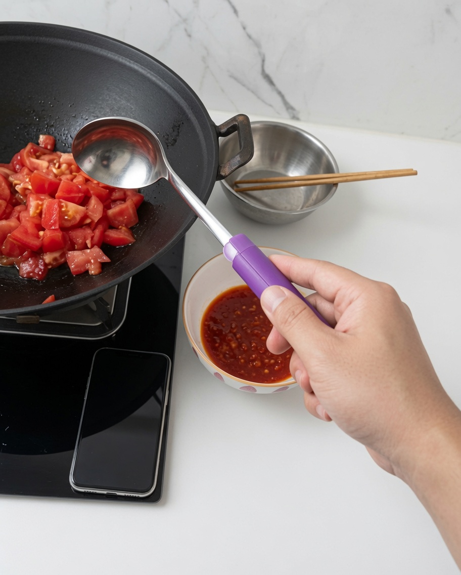 Cubetti di pomodoro che soffriggono nel wok, ammorbidendosi e rilasciando succhi.