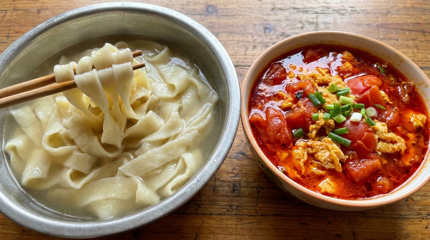 Noodles fatti a mano appena cotti, serviti con una ciotola di vibrante sugo di pomodoro e uova e aromatico olio al peperoncino.