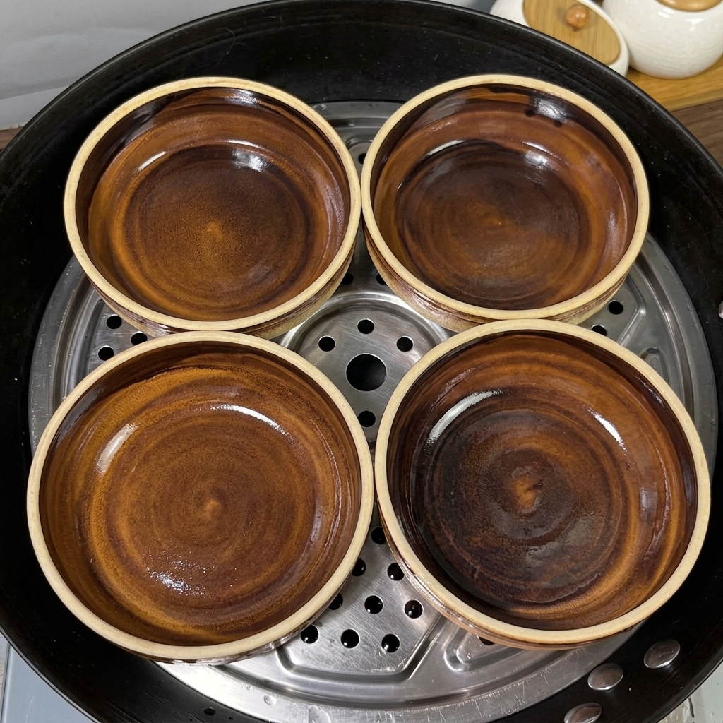 Quattro ciotole di ceramica pulite e vuote disposte su una vaporiera.