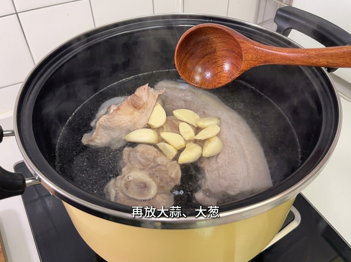 Aglio, cipolle e altre spezie aggiunte alla pentola di brodo di maiale.
