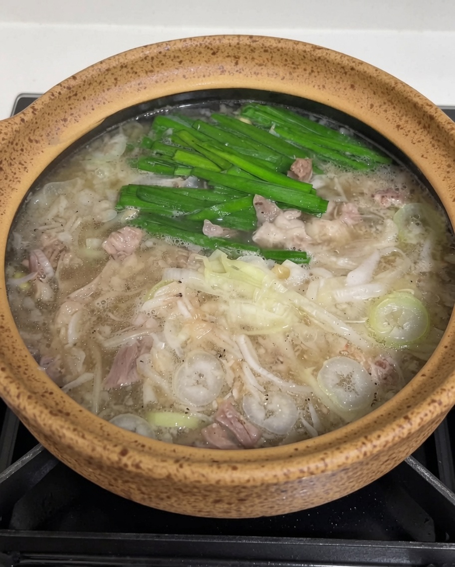Un cucchiaio di pasta di peperoncino coreana rossa mescolato nella zuppa fumante.