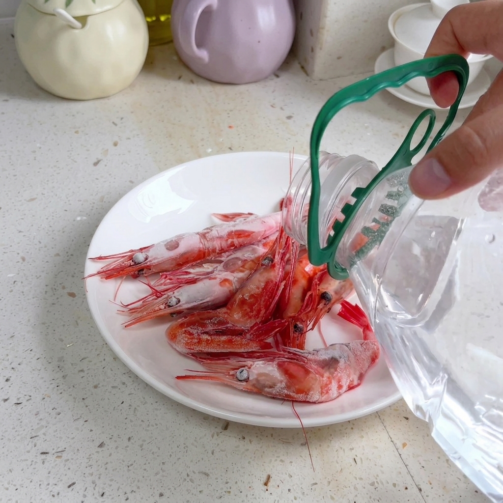 Acqua minerale versata sopra gamberi dolci crudi in un piatto bianco per scongelarli.