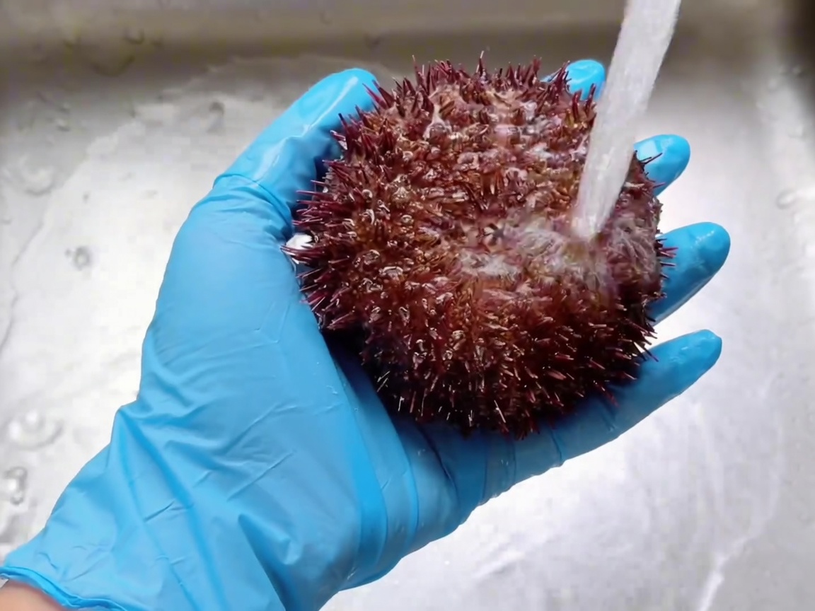 Un riccio di mare crudo risciacquato sotto lacqua corrente con una mano guantata.