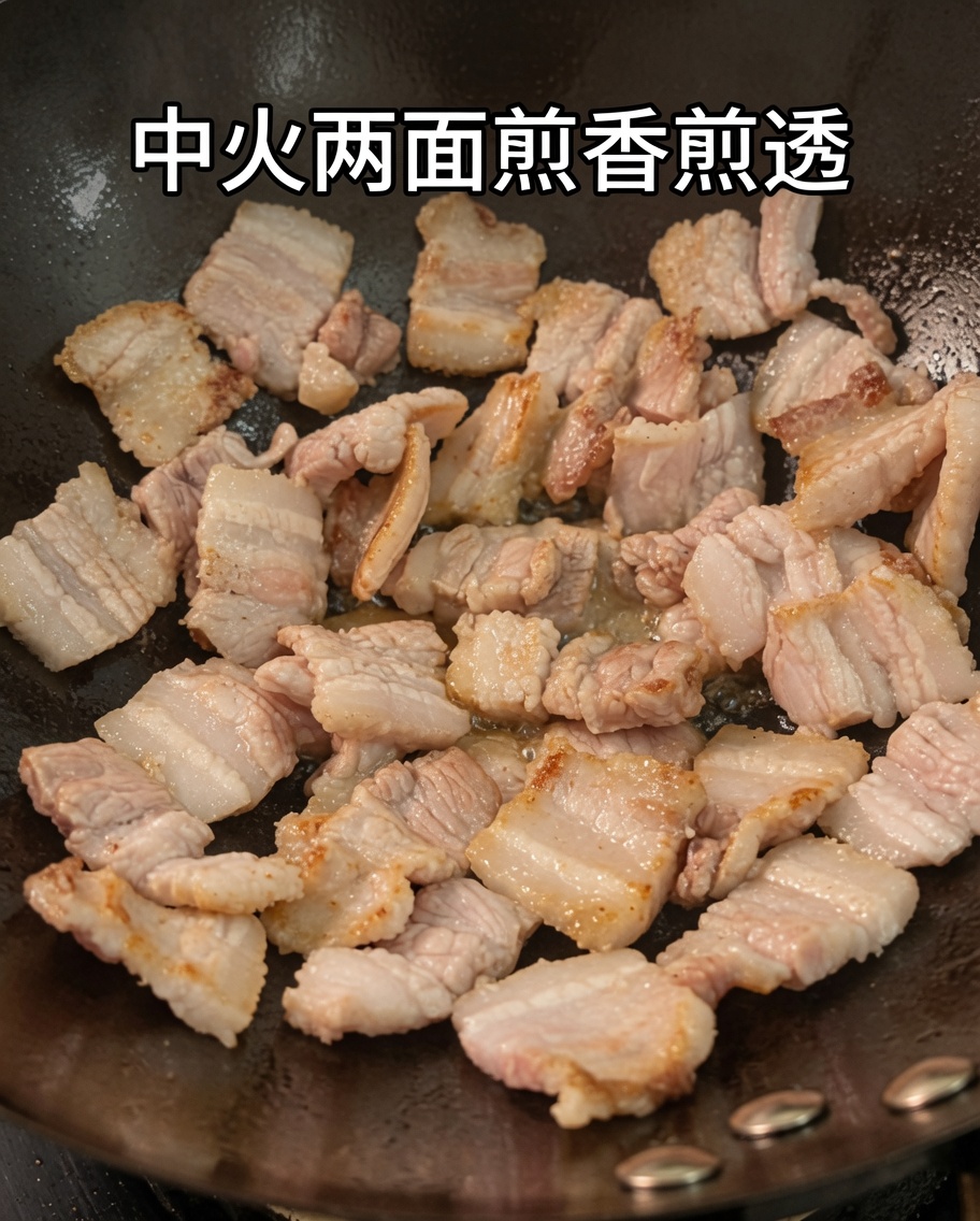 Fettine di pancetta che friggono nel wok, assumendo un bel colore dorato.
