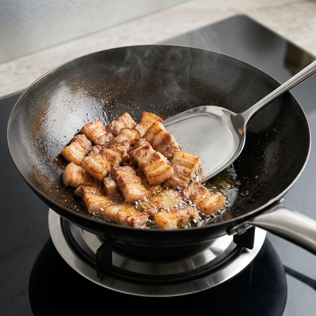 Spicchi daglio affettati aggiunti alla pancetta rosolata nel wok.