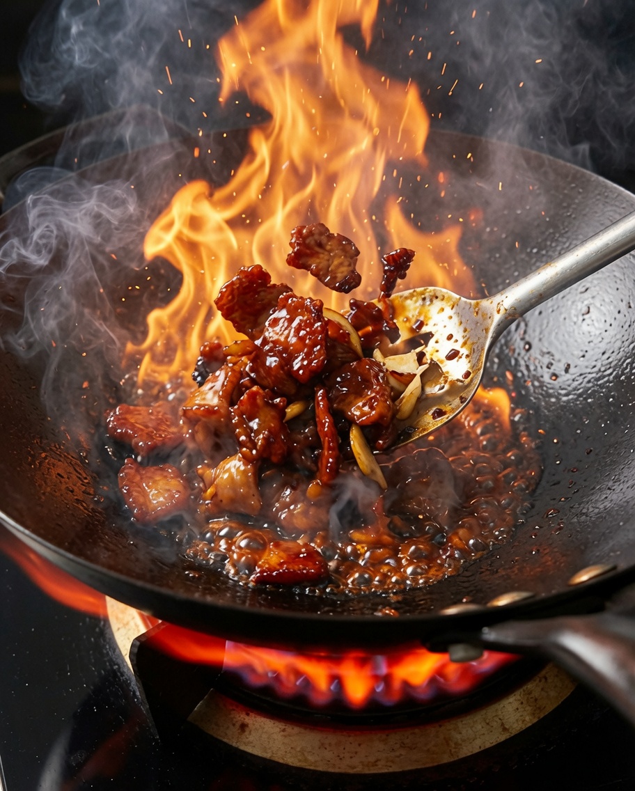 Pezzi di pancetta saltati con aglio, fagioli neri e salsa di soia scura nel wok, creando una glassa ricca.