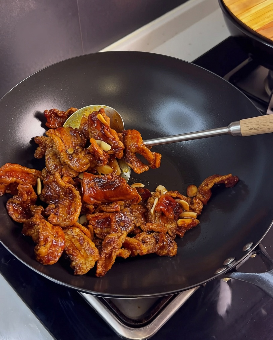 Pancetta croccante saltata in un wok con aglio e una saporita salsa scura fino a completa copertura.