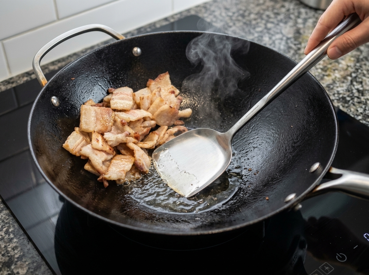 Un mestolo rimuove il grasso sciolto in eccesso da un wok contenente pancetta rosolata.