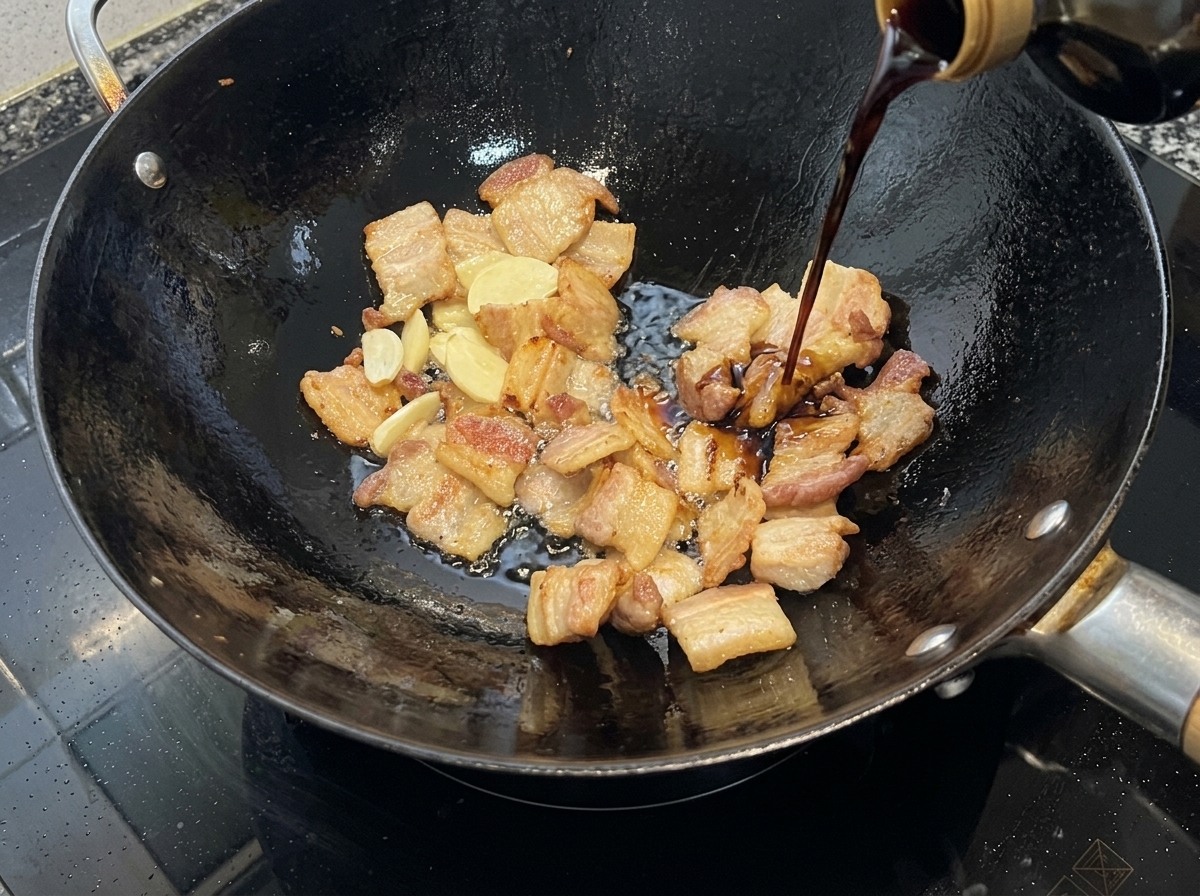 Salsa di soia e salsa di ostriche versate nel wok sopra la carne e laglio.