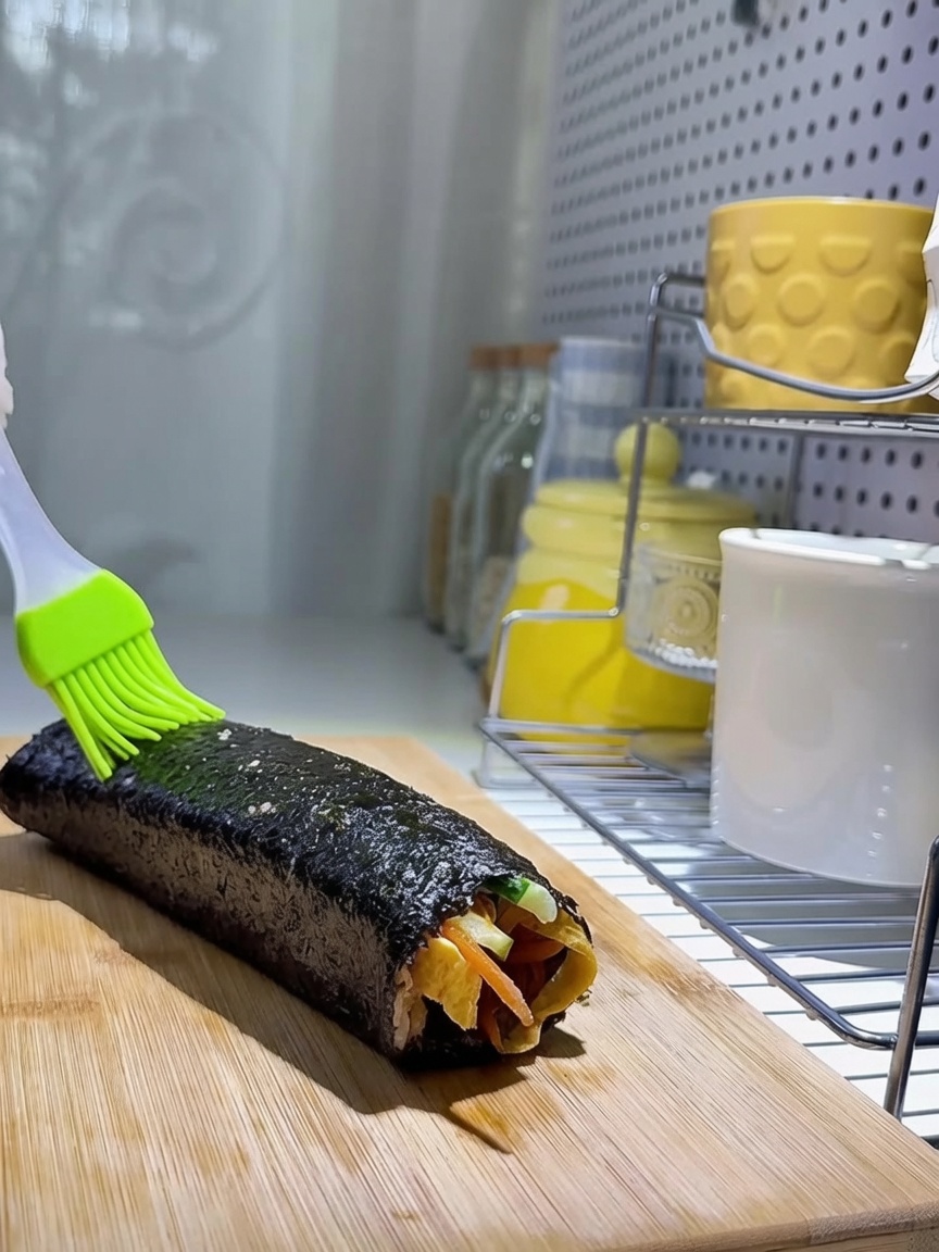 Dettaglio di un pennello che applica olio sullalga, seguito da semi di sesamo.