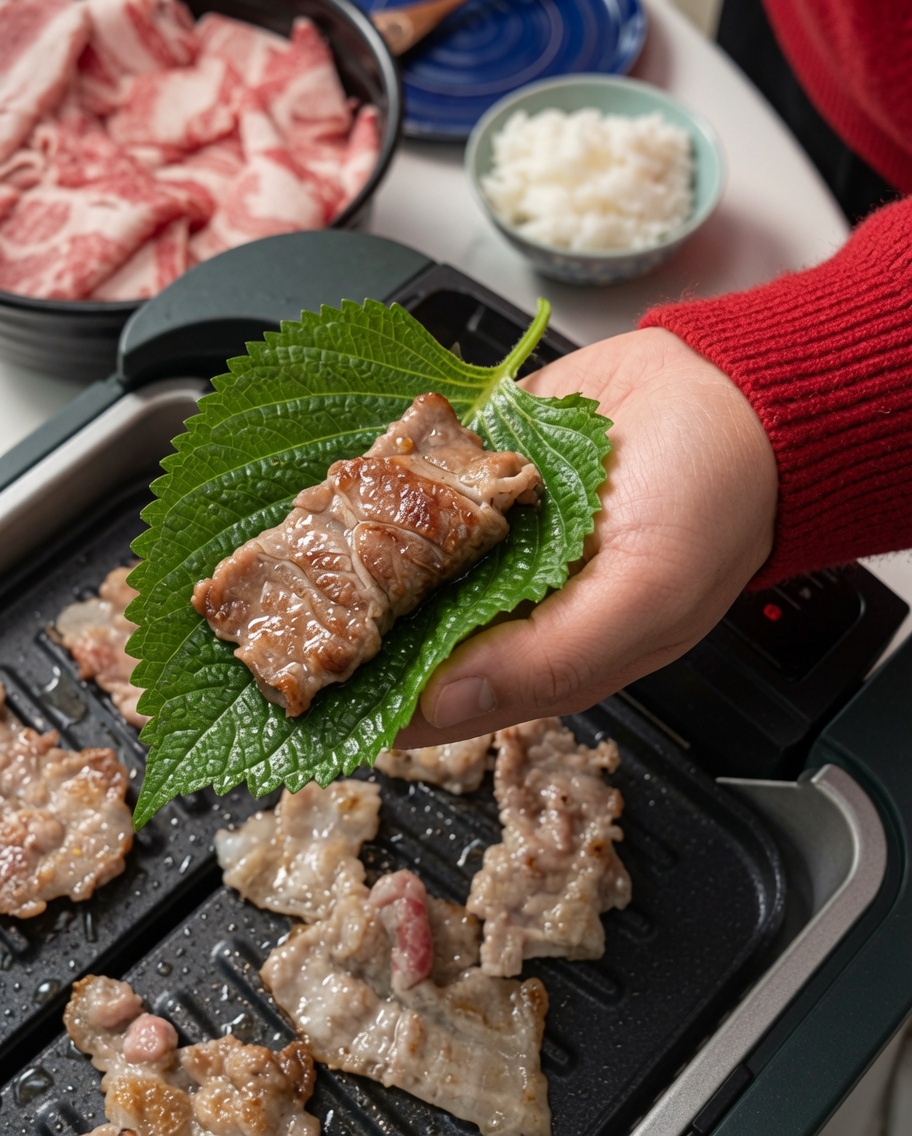 Un pezzo di pancetta cotta viene adagiato sulle foglie con le bacchette.