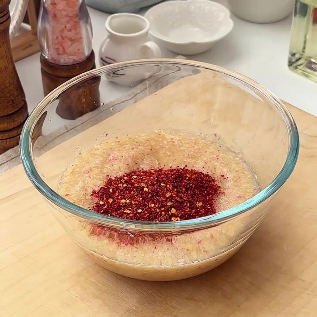Una ciotola di vetro riempita con la pasta di frutta e vari condimenti come fiocchi di peperoncino, zucchero e gochujang.