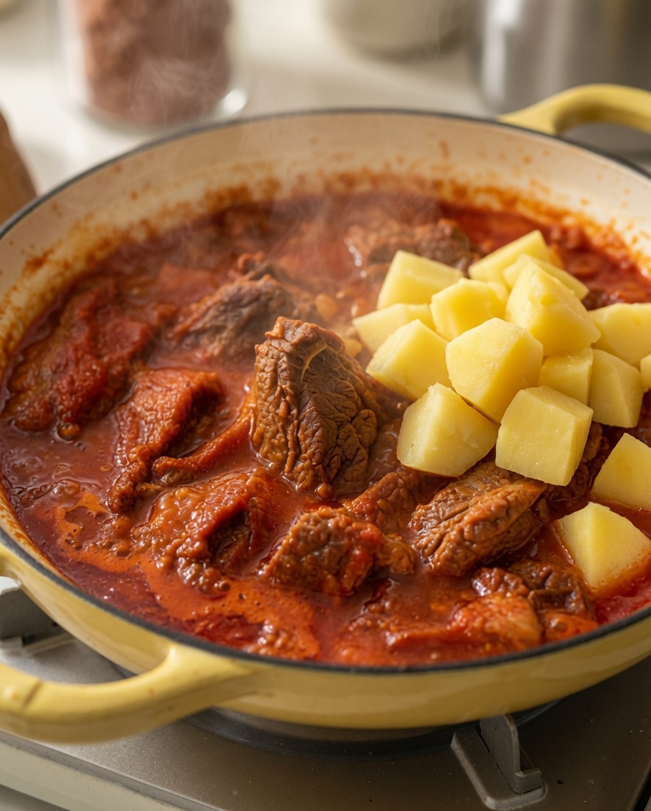 Pezzi di patate sbucciate che vengono versati in una pentola di stufato di costine di maiale piccante rosso intenso.