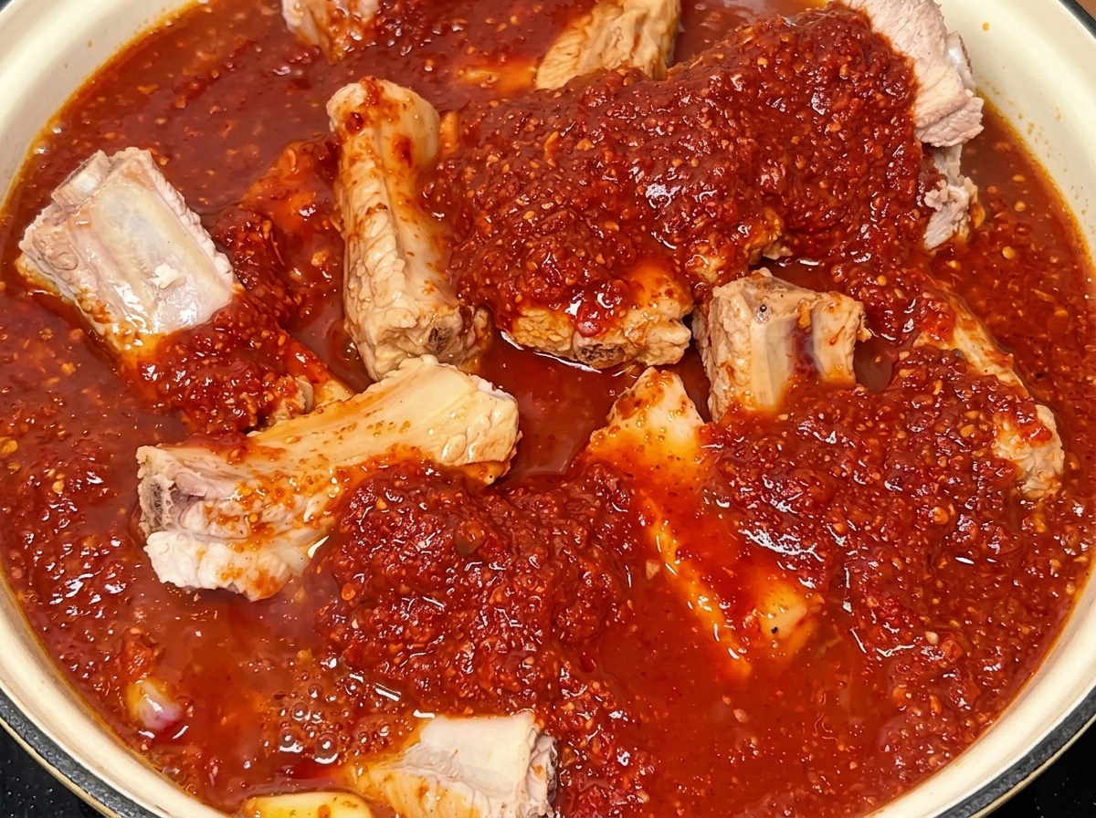 Costine di maiale immerse in una densa salsa piccante in pentola.