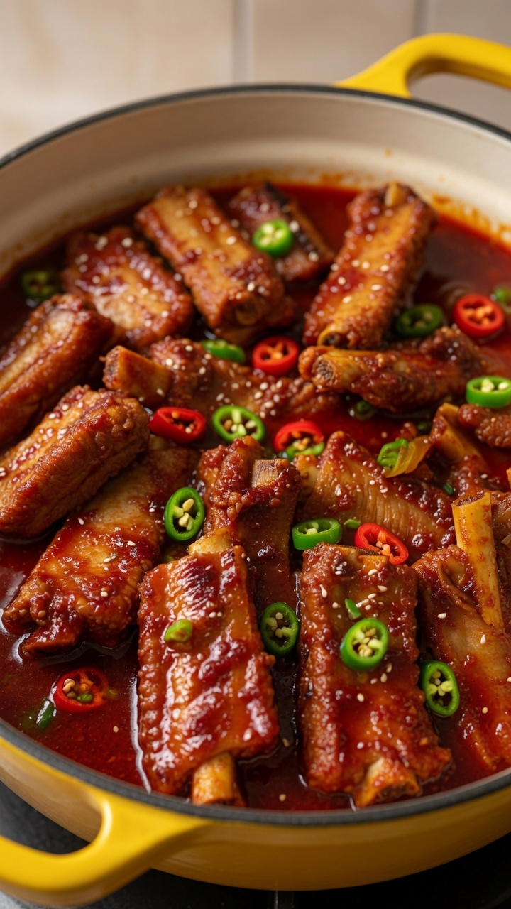 Costine di maiale coreane piccanti brasate in una ricca salsa rossa lucida, guarnite con peperoncino fresco e semi di sesamo.