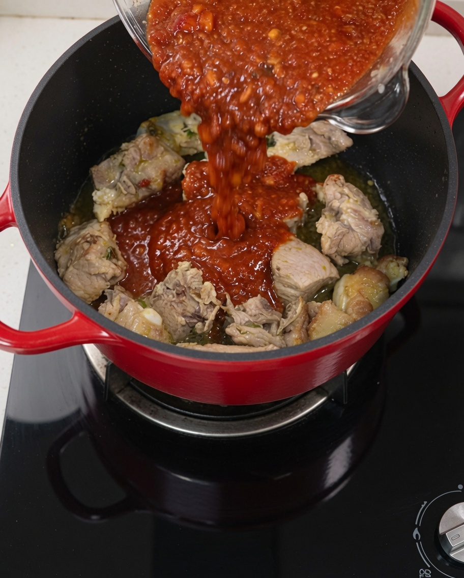 La miscela di salsa versata sopra le costine rosolate nella pentola.