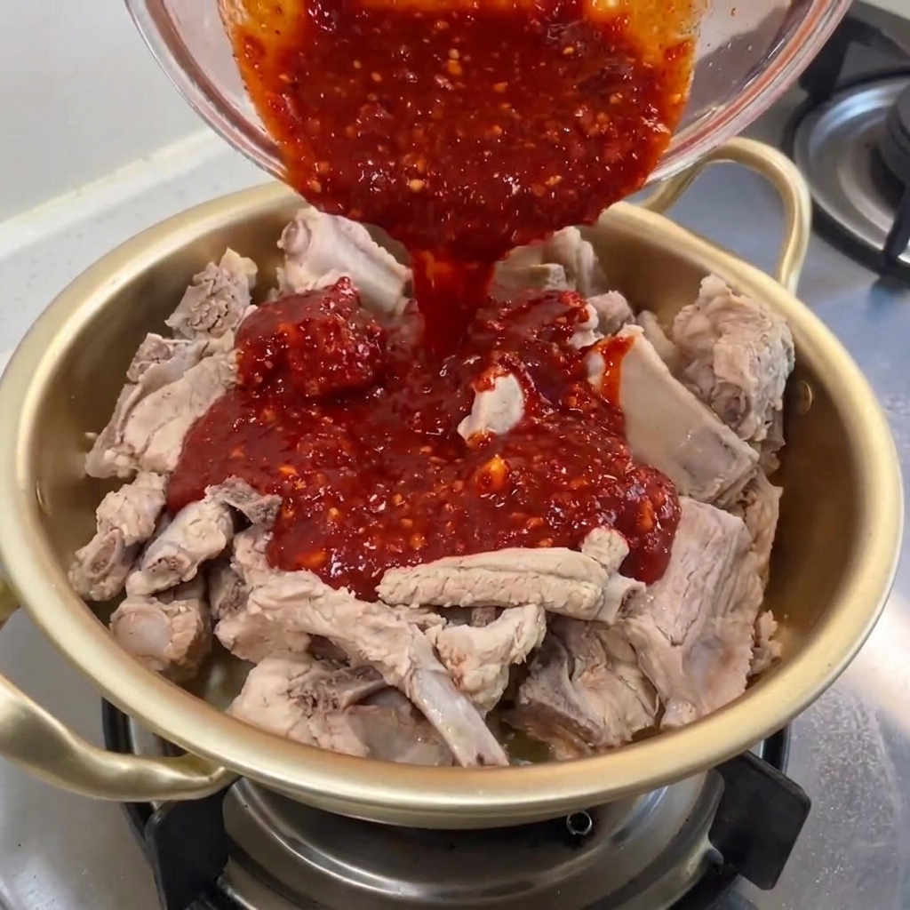 Salsa rossa piccante versata sulle costine di maiale bollite in una pentola di metallo.