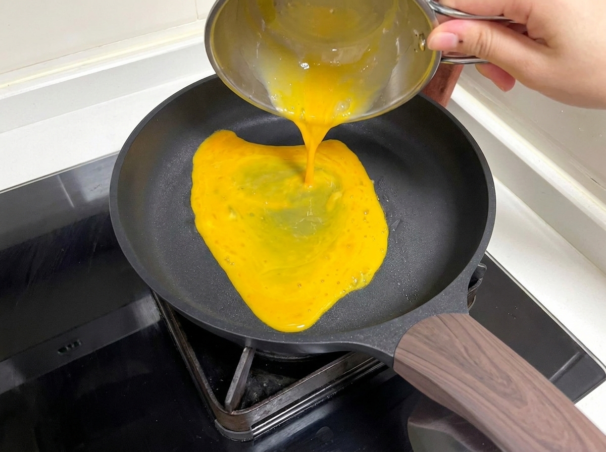 Miscuglio di uova sbattute versato in una padella per creare una frittatina sottile.