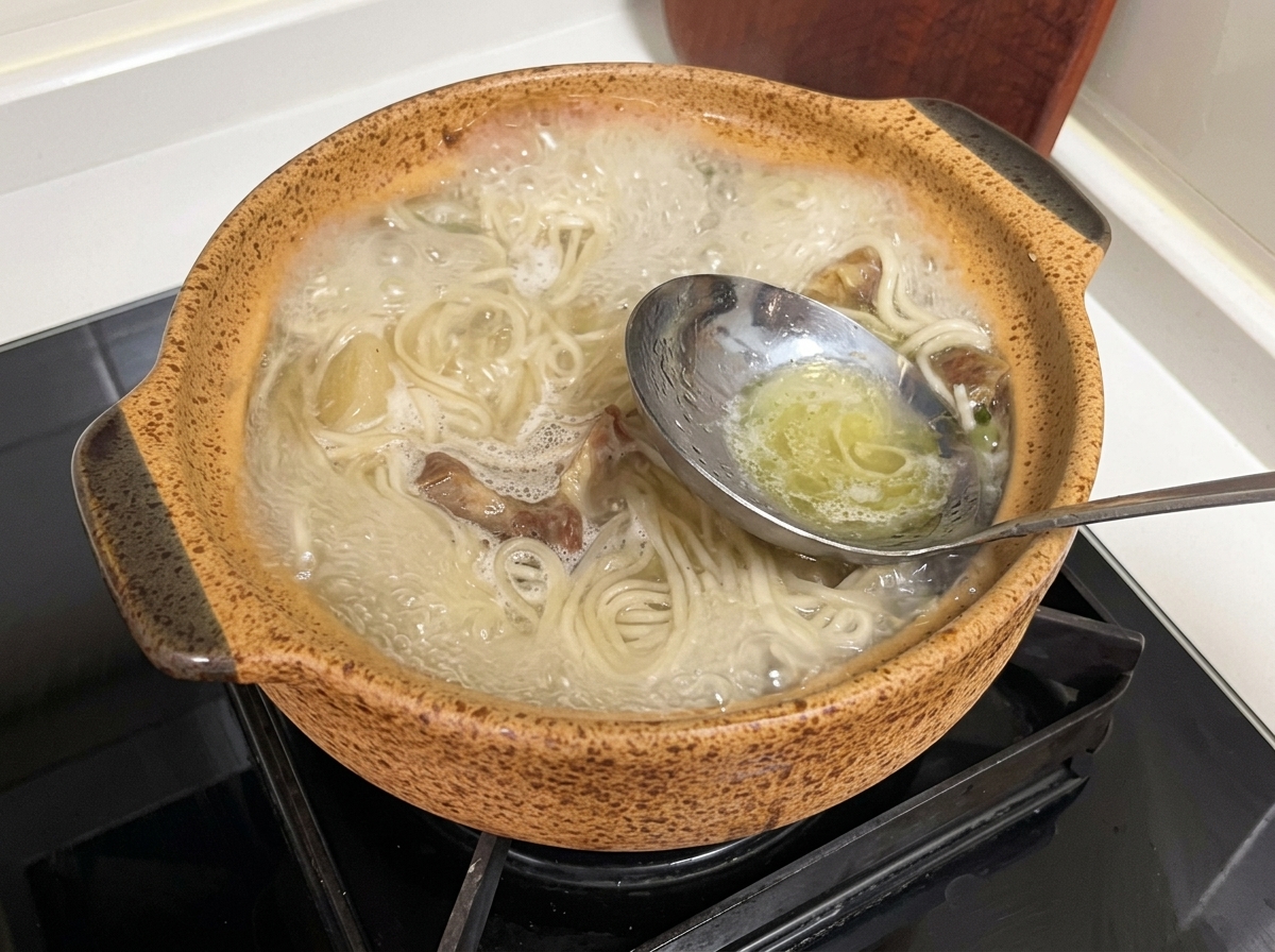 Un metailico mestolo utilizzato per rimuovere uno strato di grasso in eccesso dalla superficie ribollente della zuppa di manzo in una pentola di ceramica.