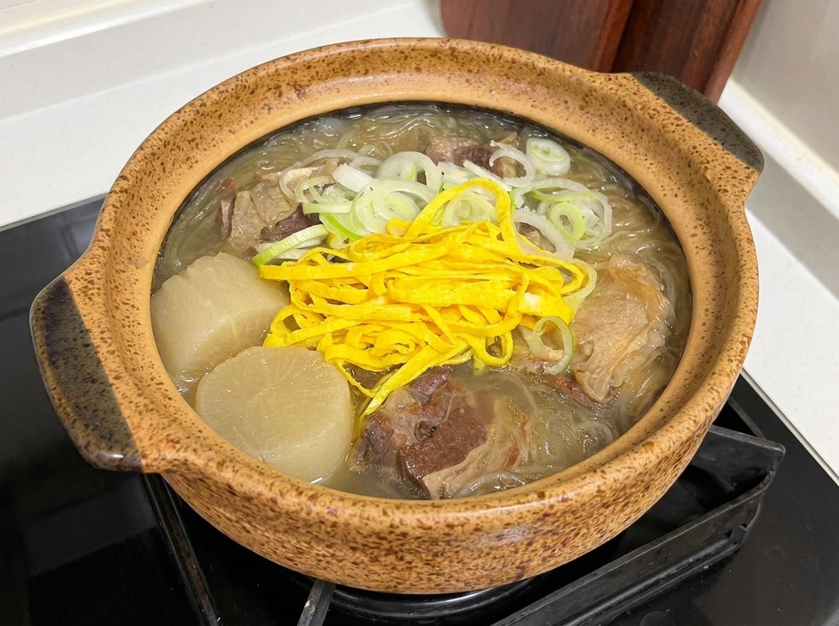 La ciotola finita di zuppa di ossa di bue condita con una leggera spolverata di sale e pepe nero.