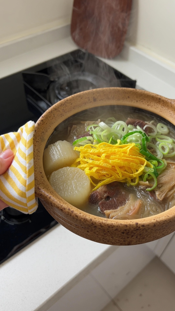 Una rustica ciotola di zuppa di ossa di bue coreana con costine tenere, ravanello morbido e delicata guarnizione di uova.