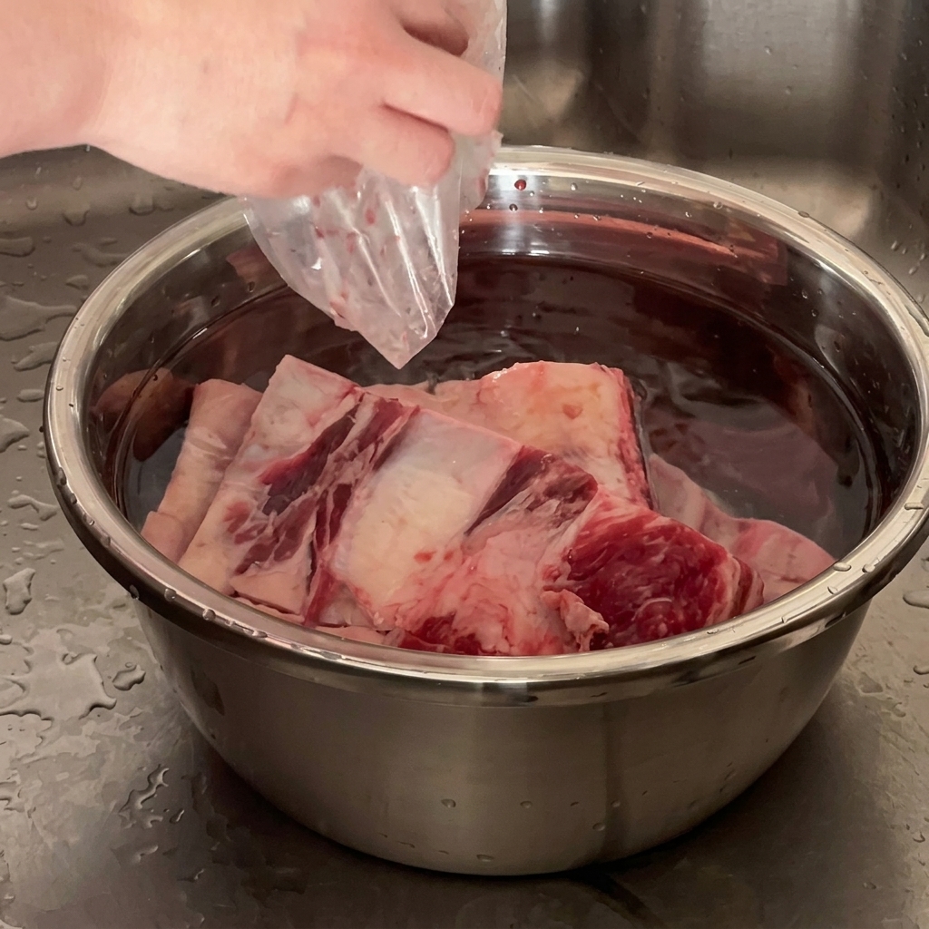 Costine di manzo crude in ammollo in una ciotola dacqua nel lavandino della cucina.