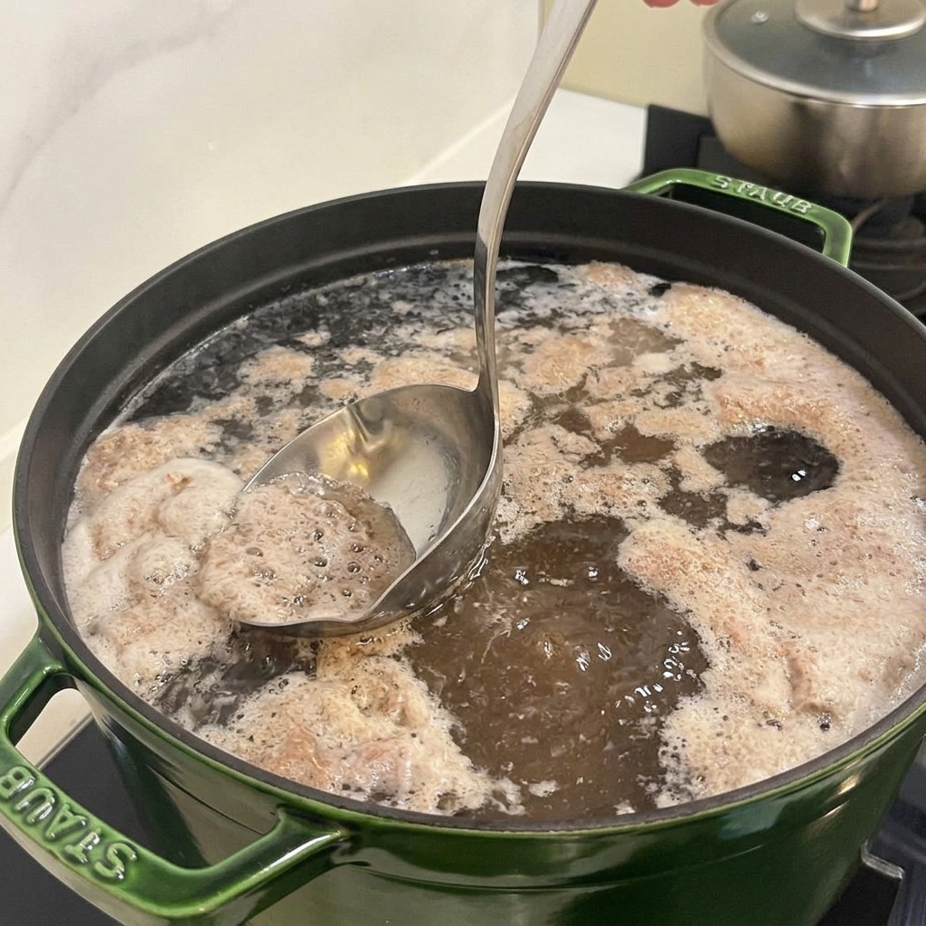 Un mestolo di metallo rimuove la schiuma bianca dalla superficie del brodo di manzo in ebollizione in una grande pentola verde.