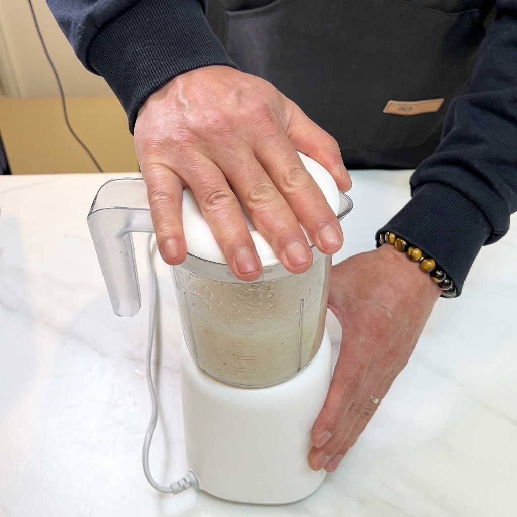 Un frullatore elettrico lavora pezzetti di pera e acqua per ottenere un succo.