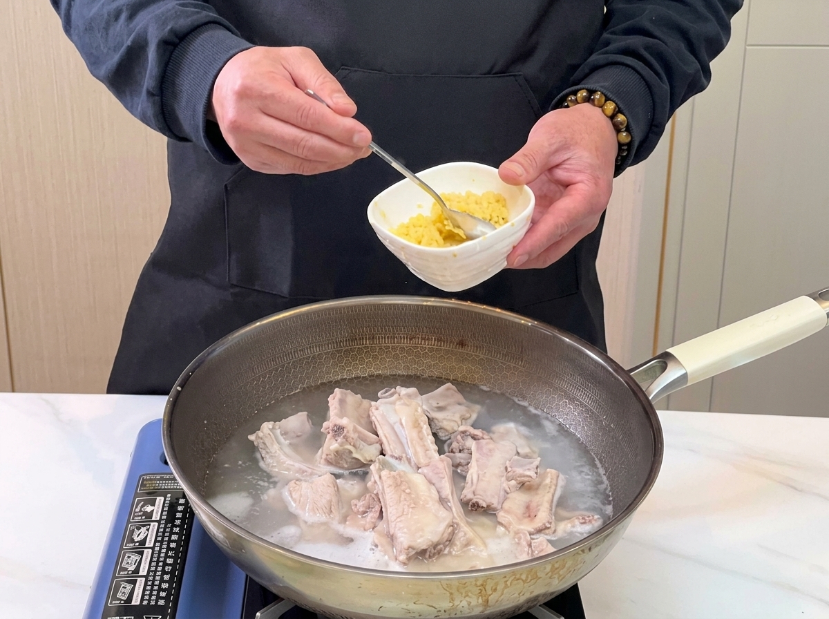 Un cucchiaio aggiunge aglio tritato in una pentola con acqua e costine.
