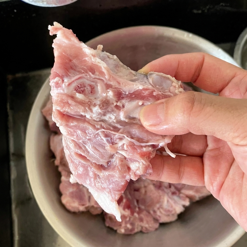 Pezzi di costine di maiale crudi in ammollo in una ciotola di acqua pulita.
