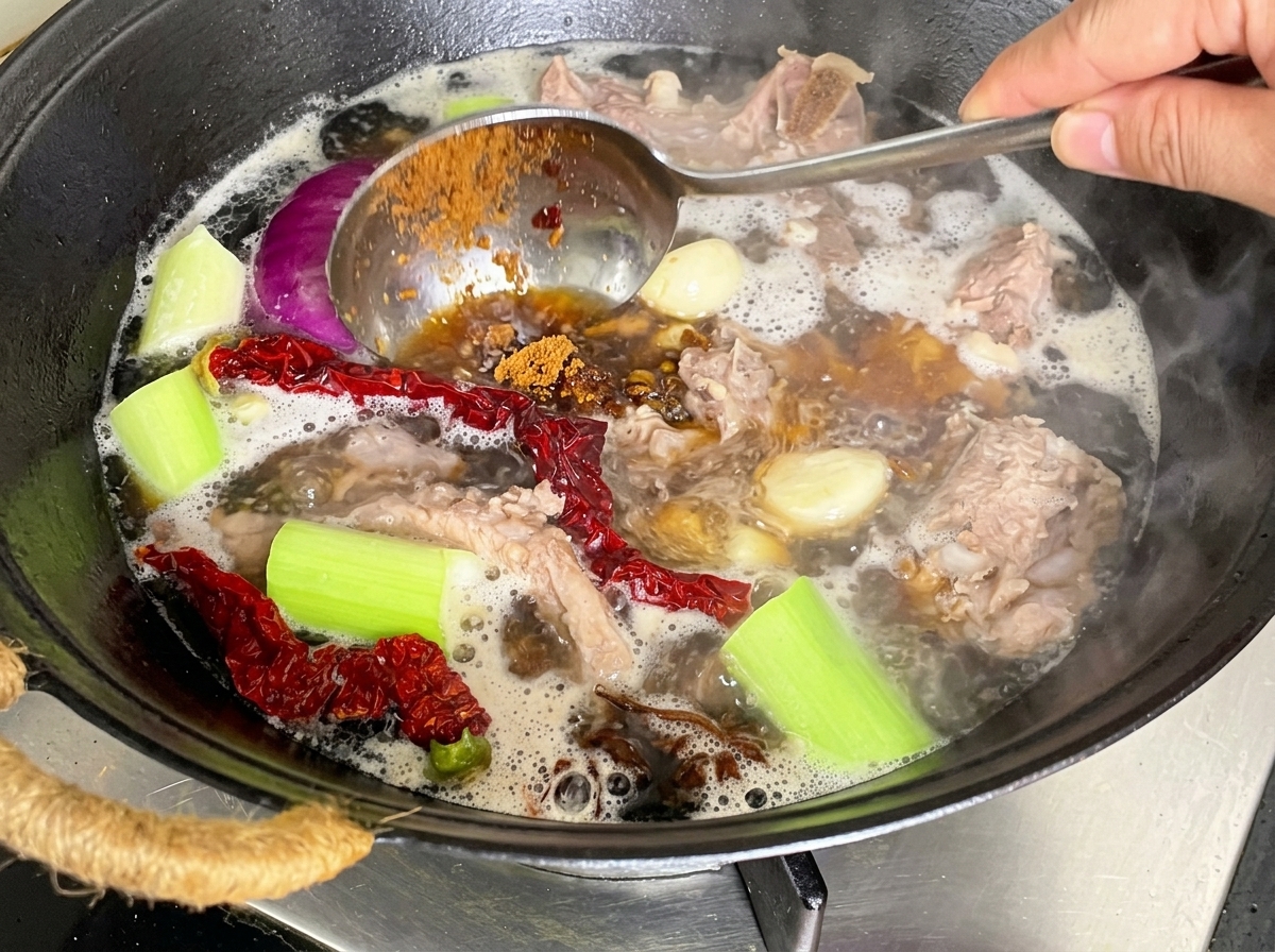 Pasta di soia fermentata aggiunta alla pentola di maiale in ebollizione.