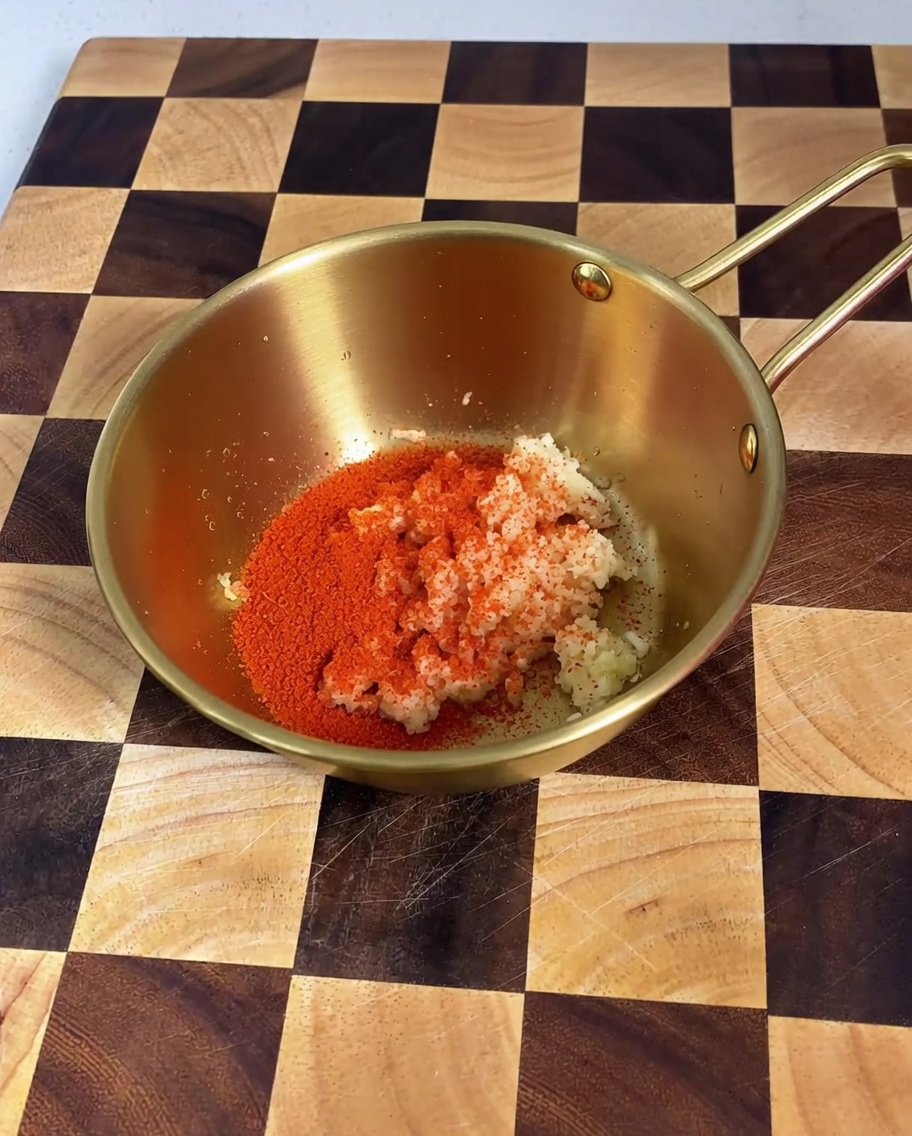 Primo piano di aglio tritato e peperoncino in polvere mescolati con altri ingredienti della salsa in una ciotola dorata.