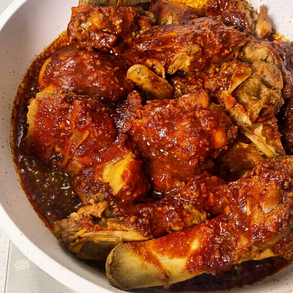 Densa salsa di chili rossa versata con un cucchiaio sui pezzi disposti di costine di maiale cotte in un piatto bianco.