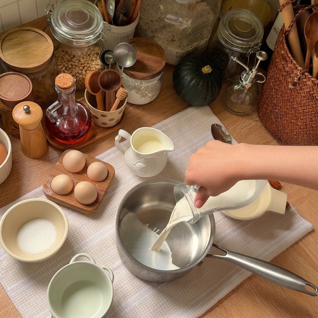 Latte e panna versati da un misurino in un pentolino dacciaio.
