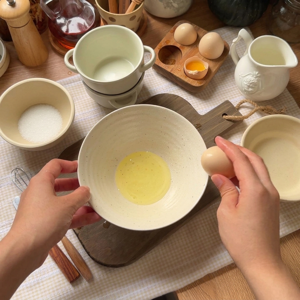 Tuorlo duovo separato in una ciotola di ceramica bianca.