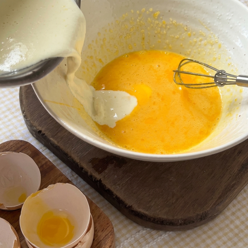 Il latte caldo versato a filo nei tuorli montati in una ciotola.